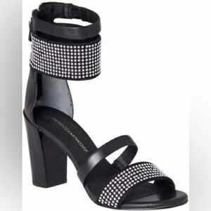 Rebecca Minkoff Shawn Black Leather and Silver Studded Heeled Sandals Size 7.5/8